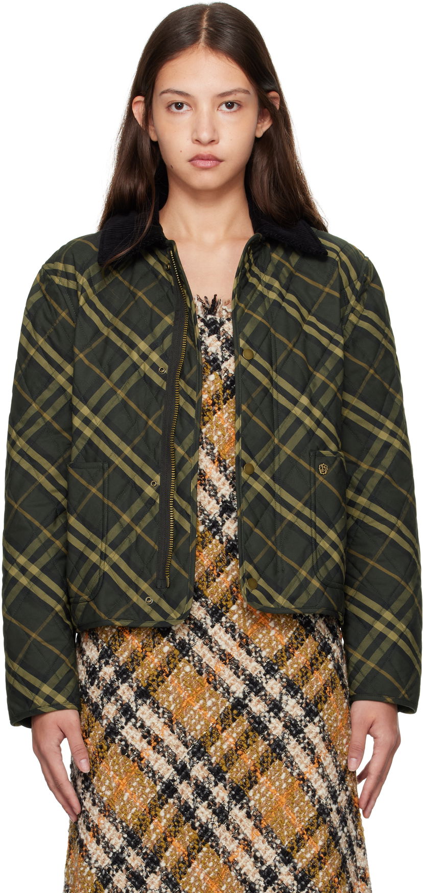 Куртка бомбер Burberry Cropped Check Quilted Jacket Зелений | 8099632