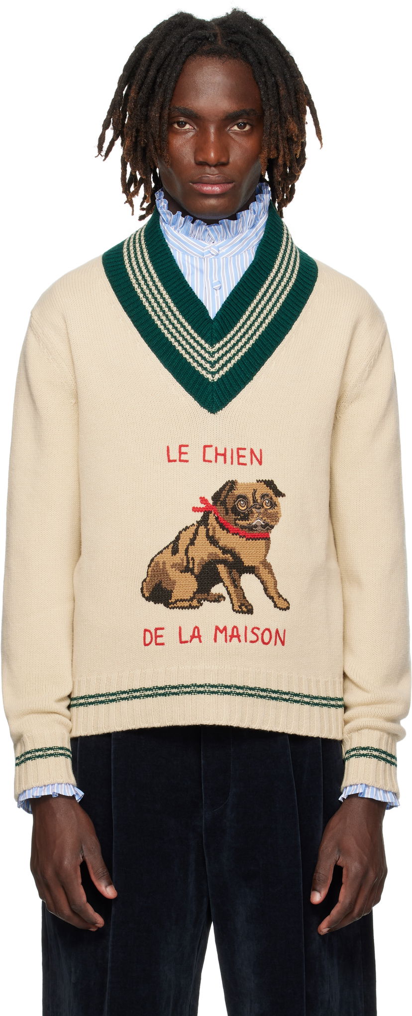 Cветр Valentino Valentino 'Le Chien De La Maison' Jacquard Wool V-Neck Sweater бежевий | 7V3KC35EB2M