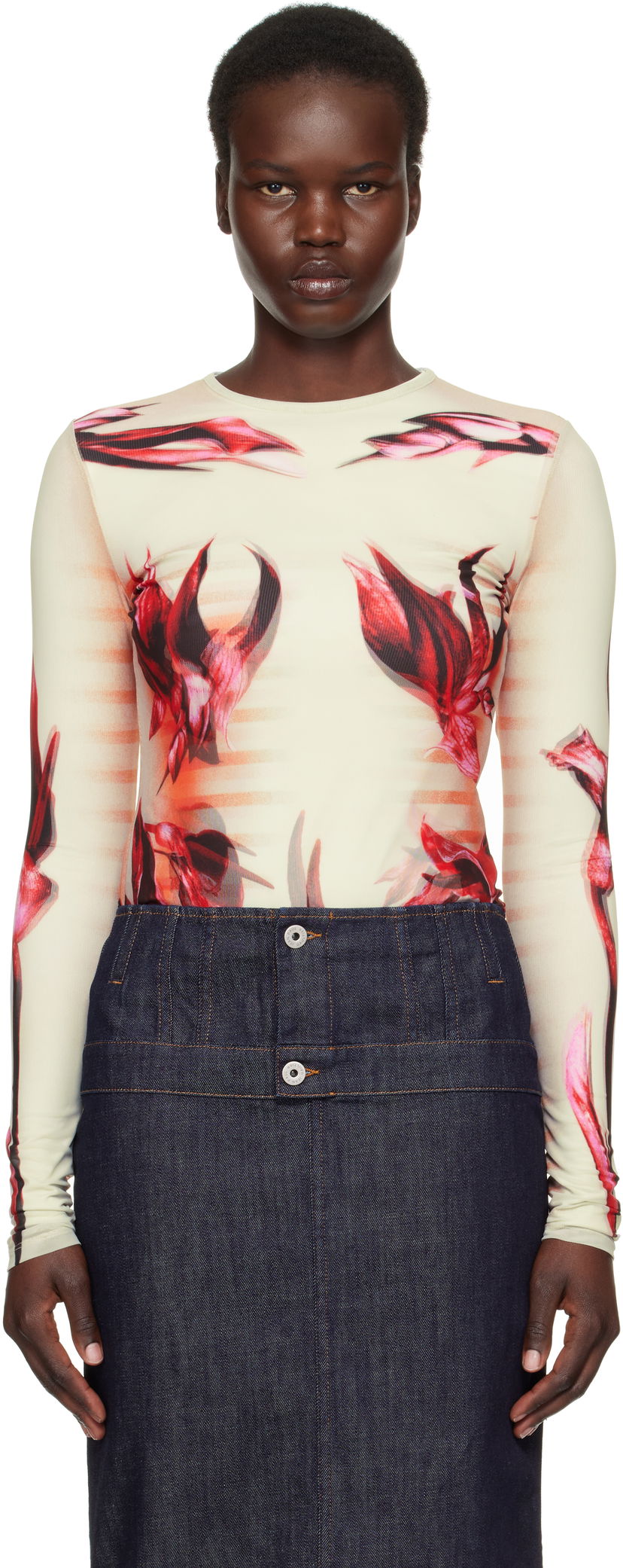Футболка Jean Paul Gaultier Jean Paul Gaultier 'The Flower Body Morphing Marinière' Long Sleeve T-Shirt бежевий | 25/33-F-TO264-T581-422030
