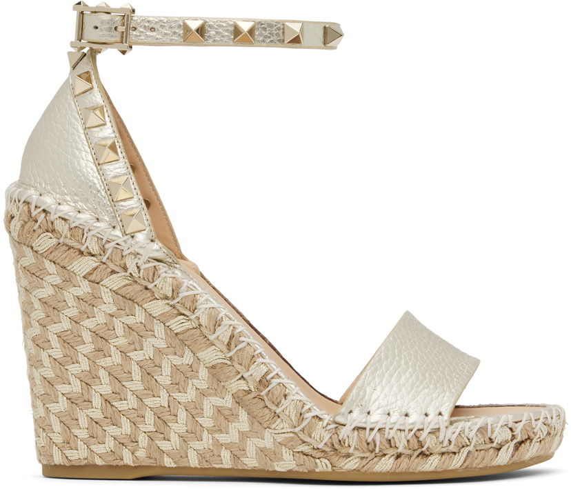 Аксесуари Valentino Valentino Garavani Double Rockstud Grainy Calfskin Wedge Sandals Металік | 6W2S0090MFA
