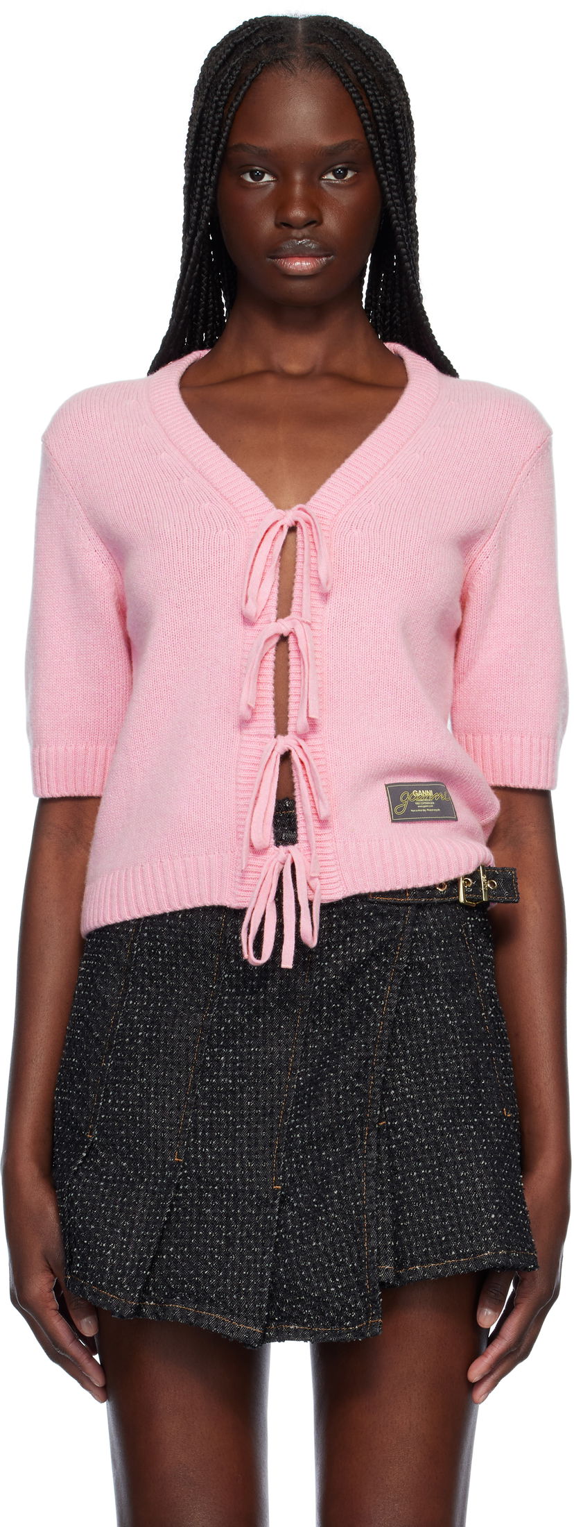 Cветр GANNI Ganni Future Wool Blend Tie-Front Cardigan Рожевий | K2478