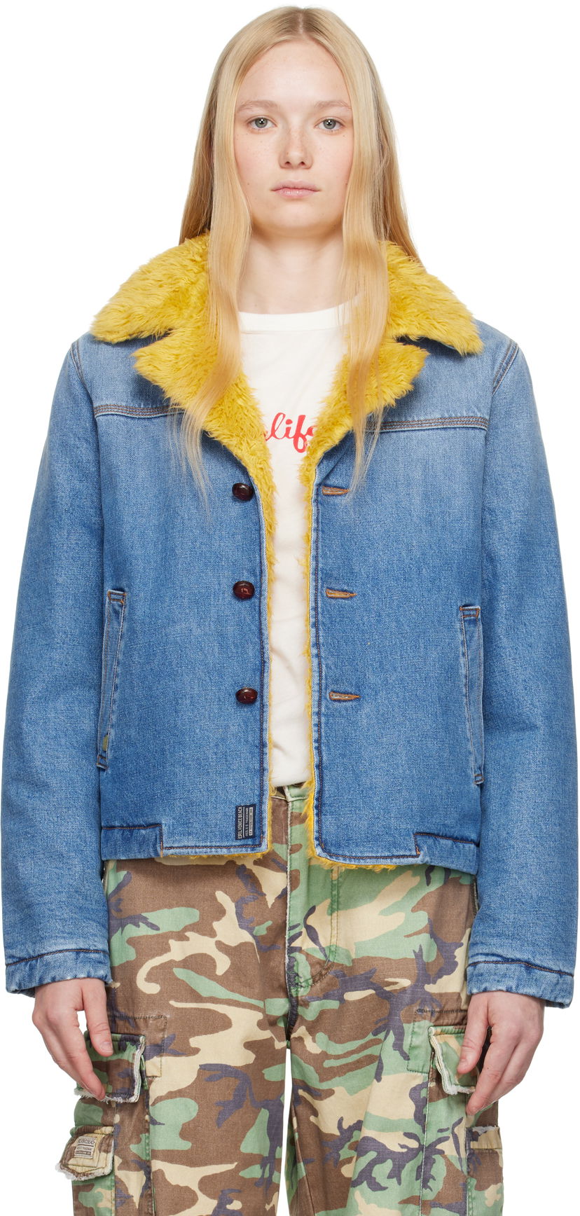 Пальто ERL ERL Venice Faux-Fur Trim Denim Jacket Синій | ERL10J002