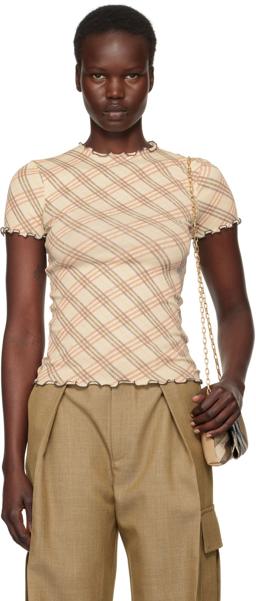 Футболка Burberry Check Stretch Cotton T-Shirt бежевий | 8101025
