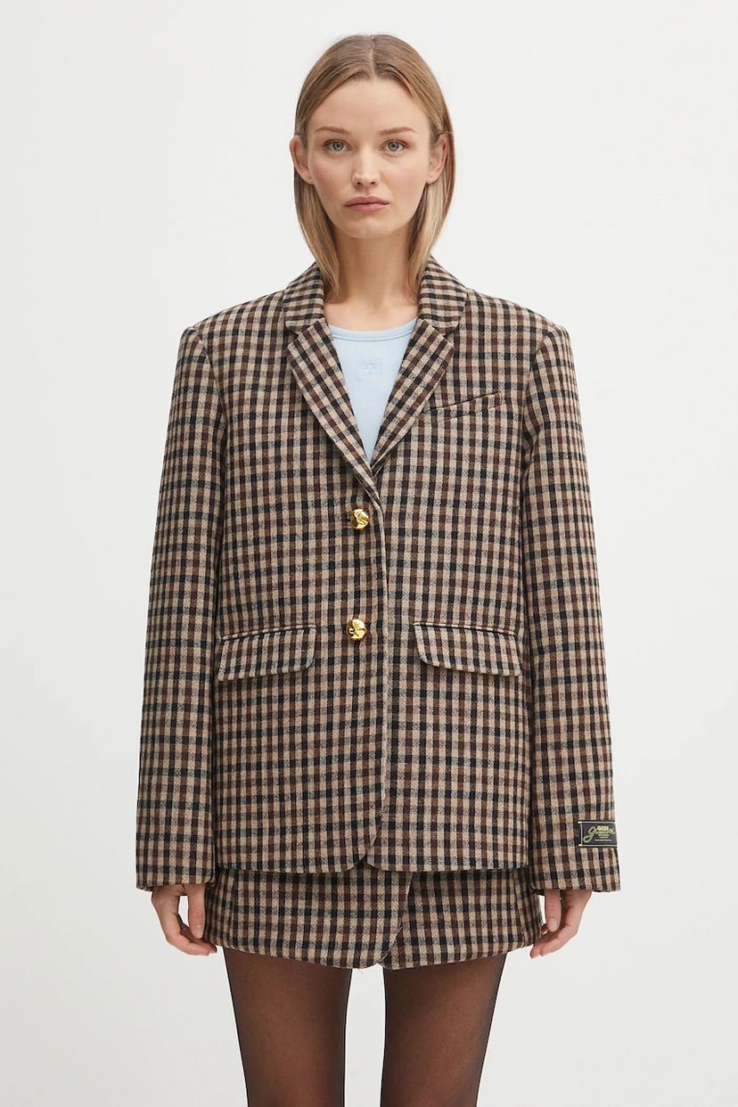Куртка GANNI GANNI Check Wool Mix Oversized Blazer Коричневий | W0426