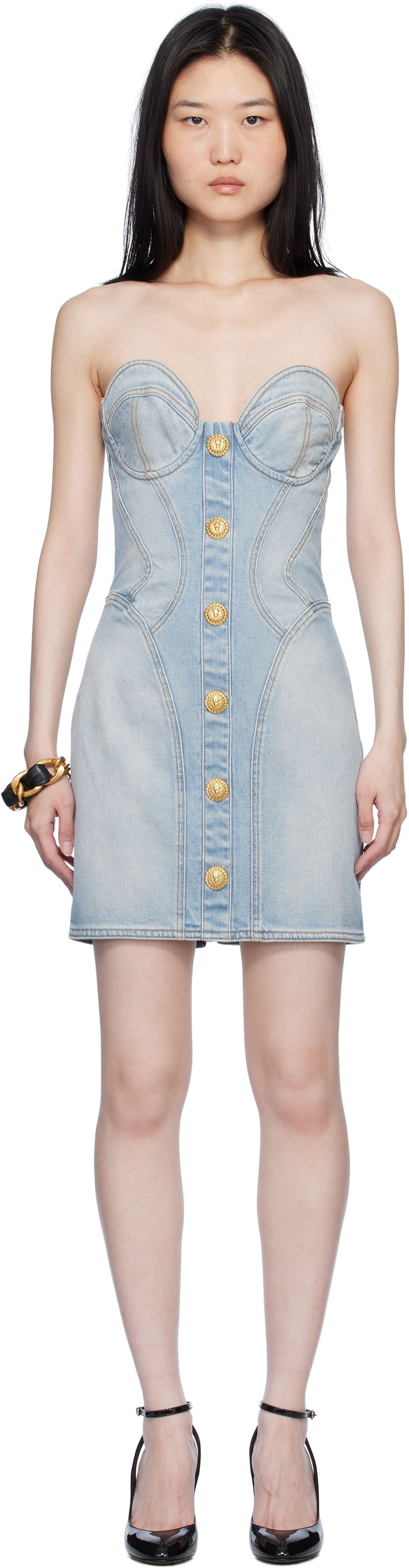 плаття Balmain Buttoned Denim Minidress Синій | EF1R1315DF23