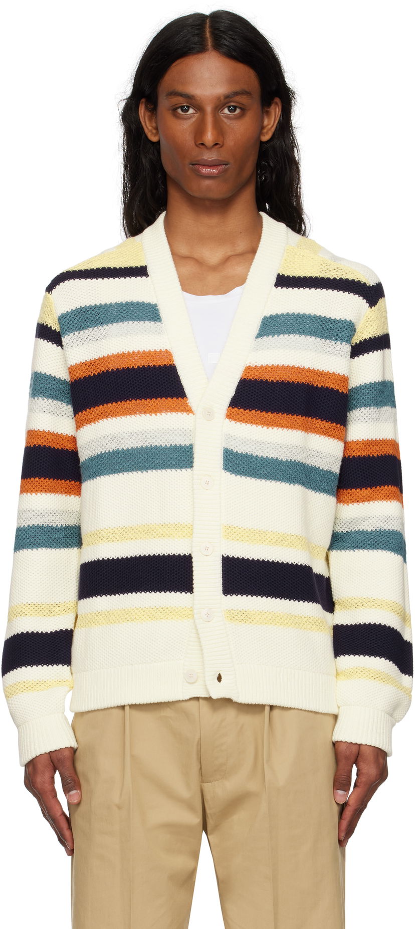 Cветр MAISON KITSUNÉ Maison Kitsuné Comfort Striped Knit Cardigan білий | OM00506KT1129