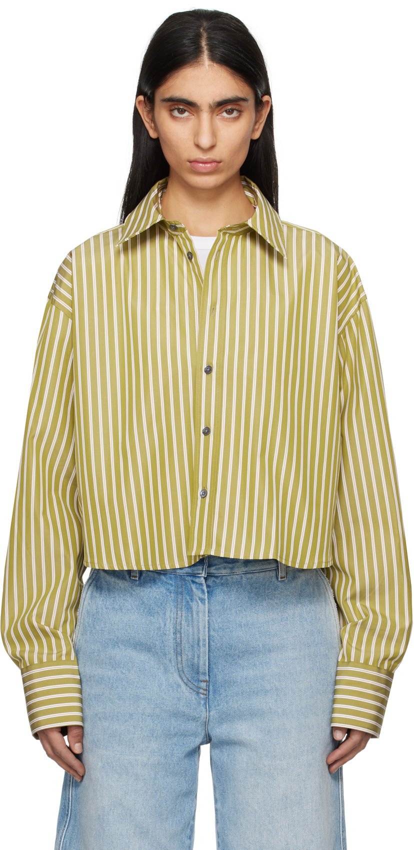 Сорочка AMI AMI Paris Cropped Oversized Striped Shirt Зелений | USH121.CO0108