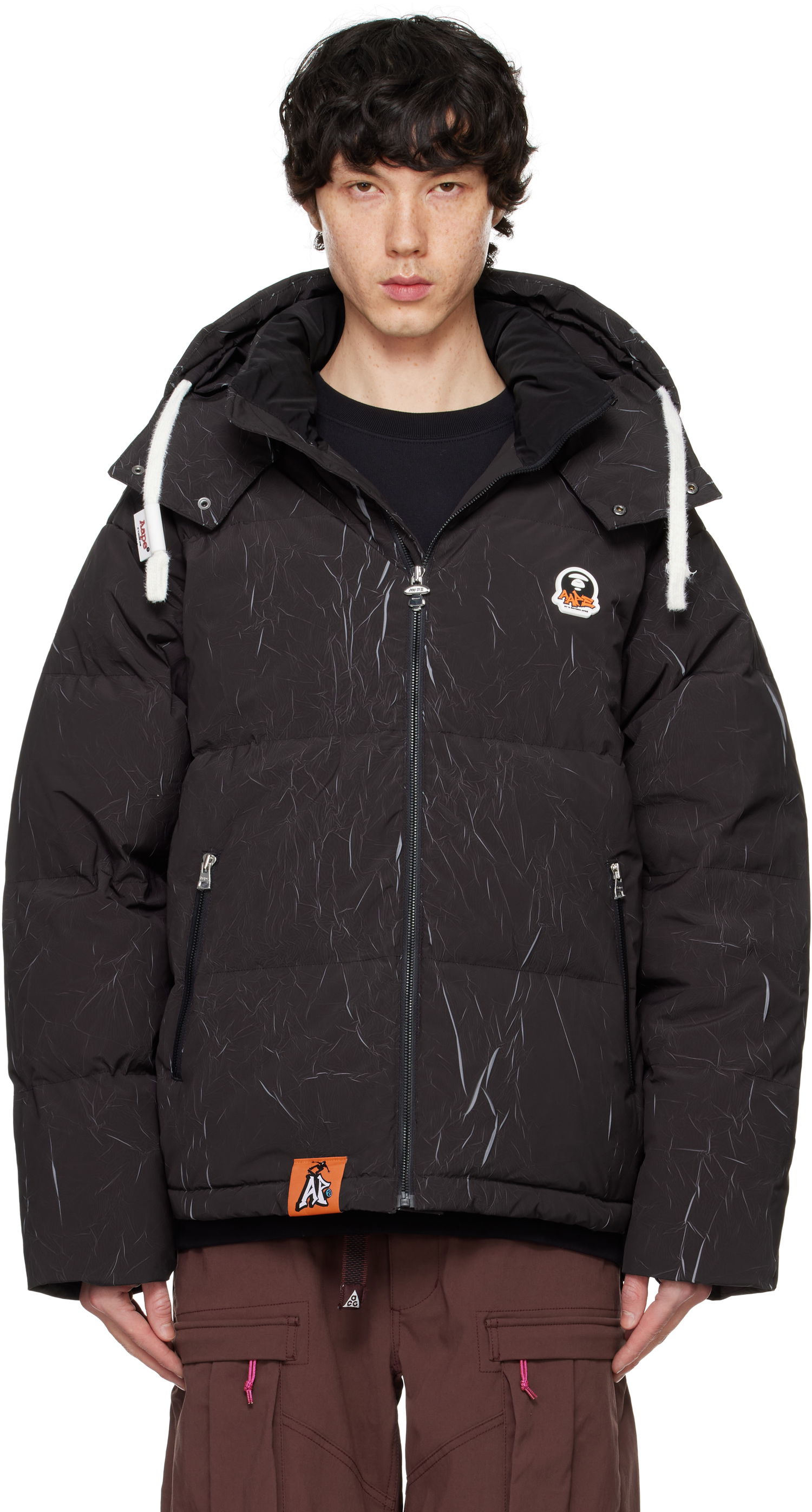 Пуховик AAPE by A Bathing Ape AAPE by A Bathing Ape Moonface Logo Camo Hooded Down Jacket чорний | AAPDNM7665XXNBKX, 0
