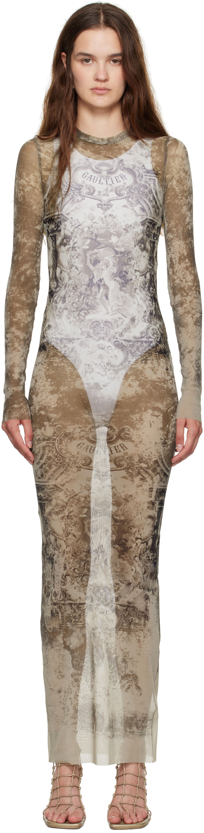 плаття Jean Paul Gaultier Jean Paul Gaultier 'The Long Médaillon' Mesh Maxi Dress бежевий | 25/03-W-DR023-M006P-6965