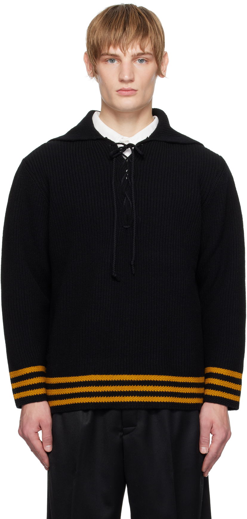 Cветр Bode Striped Lace-Up Collar Knit Sweater чорний | MRF24KT022
