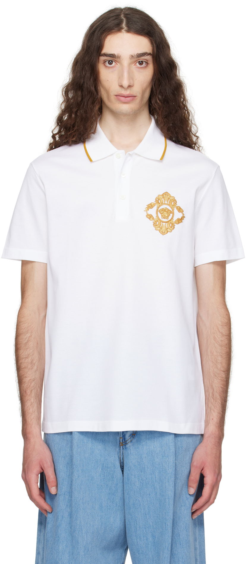 Сорочка поло Versace Versace Embroidered Architectural Baroque Polo білий | 1013906_1A14973