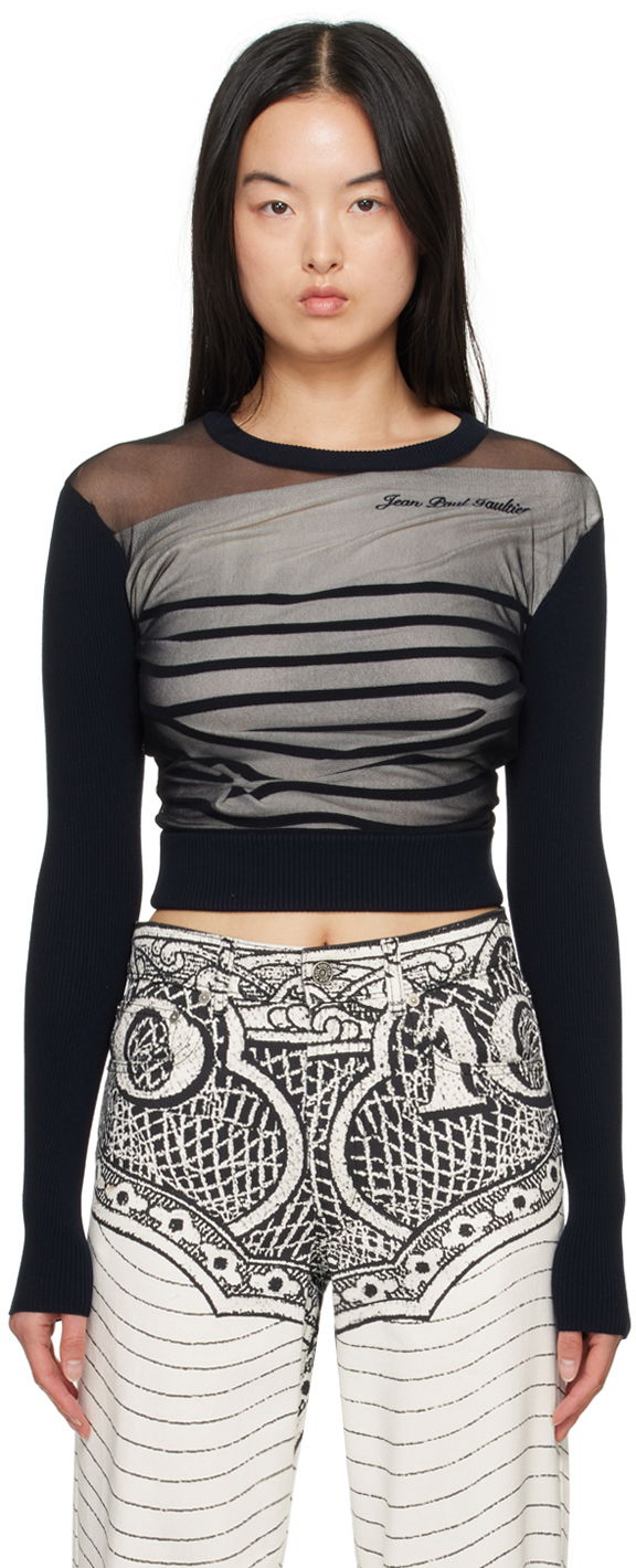 Cветр Jean Paul Gaultier Gaultier 'The Marinière' Striped Mesh Top чорний | 24/25-F-PL047B-M064-590100, 0