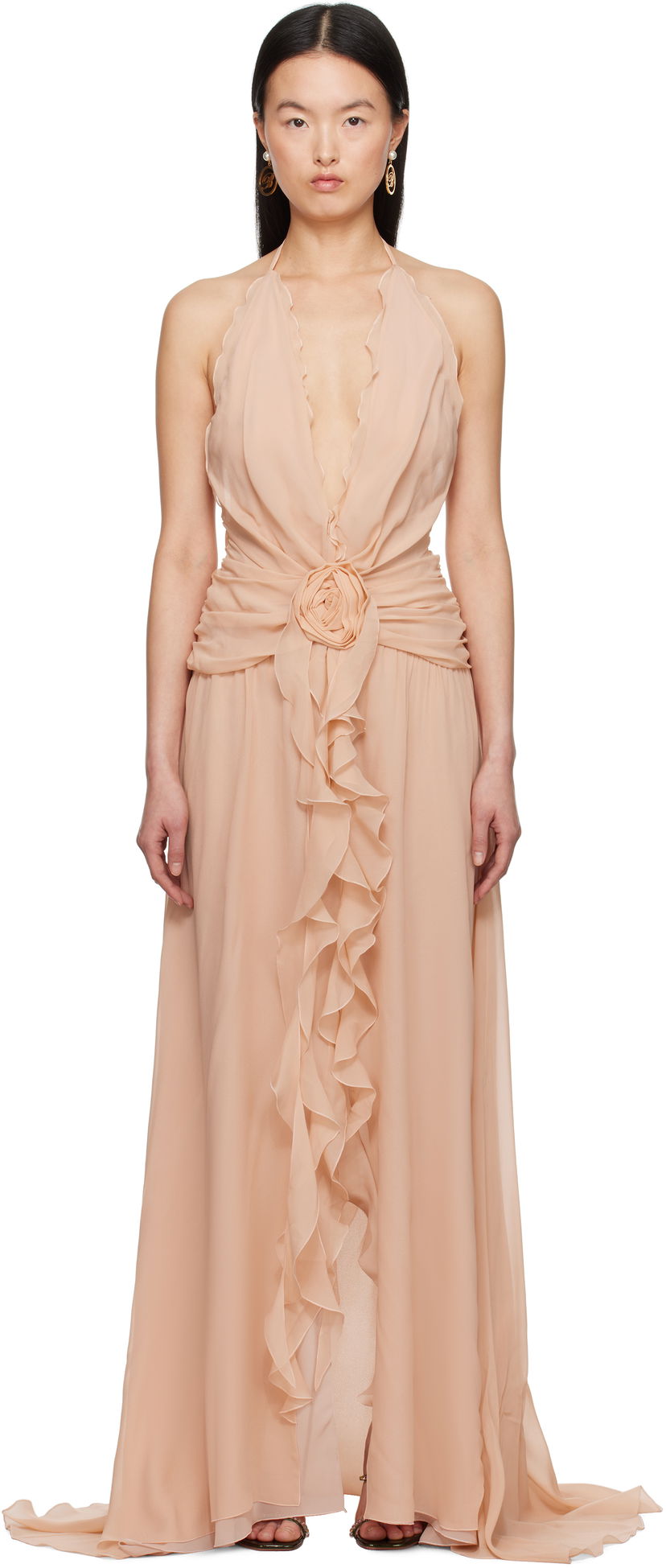 плаття Blumarine Blumarine Georgette Maxi Dress with Ruffle Detail бежевий | P522A568A