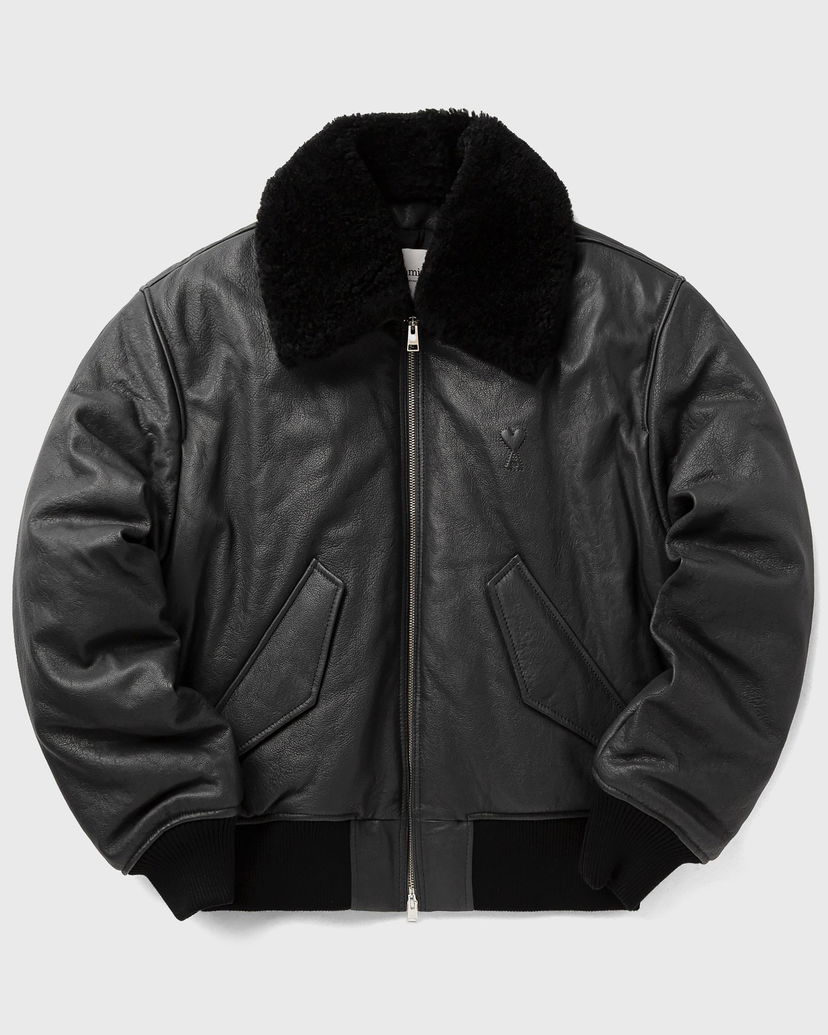 Куртка бомбер AMI Leather Bomber Jacket with Shearling Collar чорний | HJK857.LH0044-020