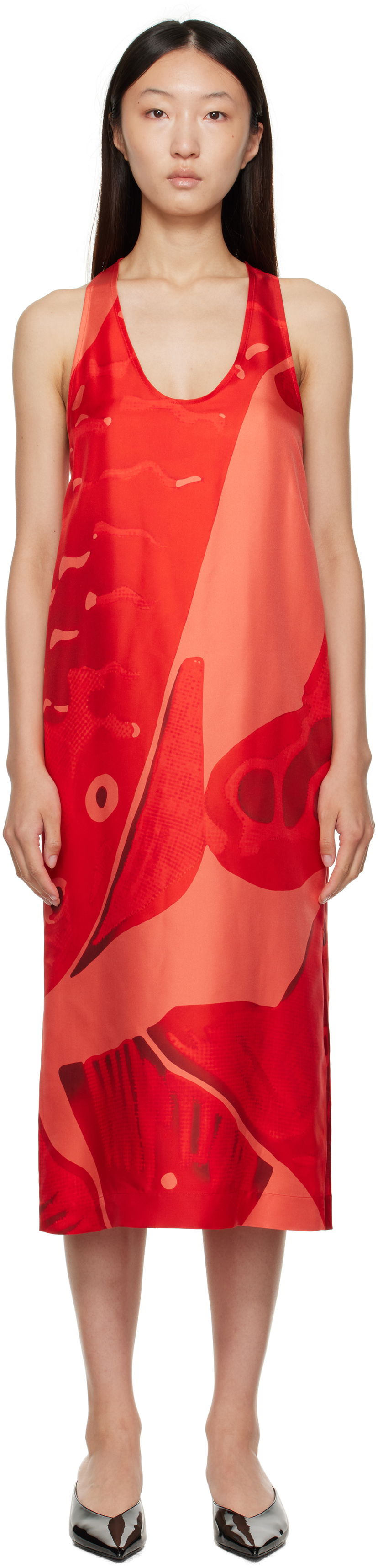 плаття FERRAGAMO Ferragamo Fish Print Silk Maxi Dress Червоний | 783737