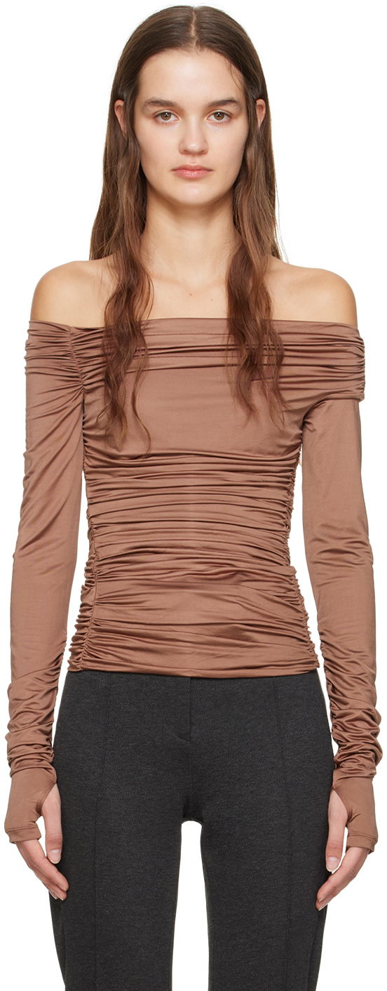 Футболка Helmut Lang Ruched Long Sleeve Top Коричневий | N10HW513