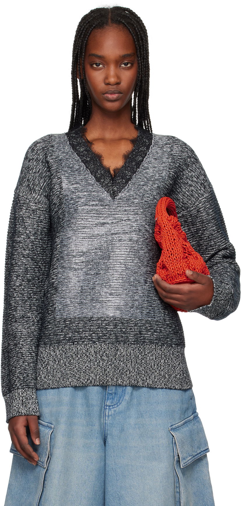 Cветр JW Anderson JW Anderson V-Neck Lace Trim Sweater Сірий | KW1400-YN0402