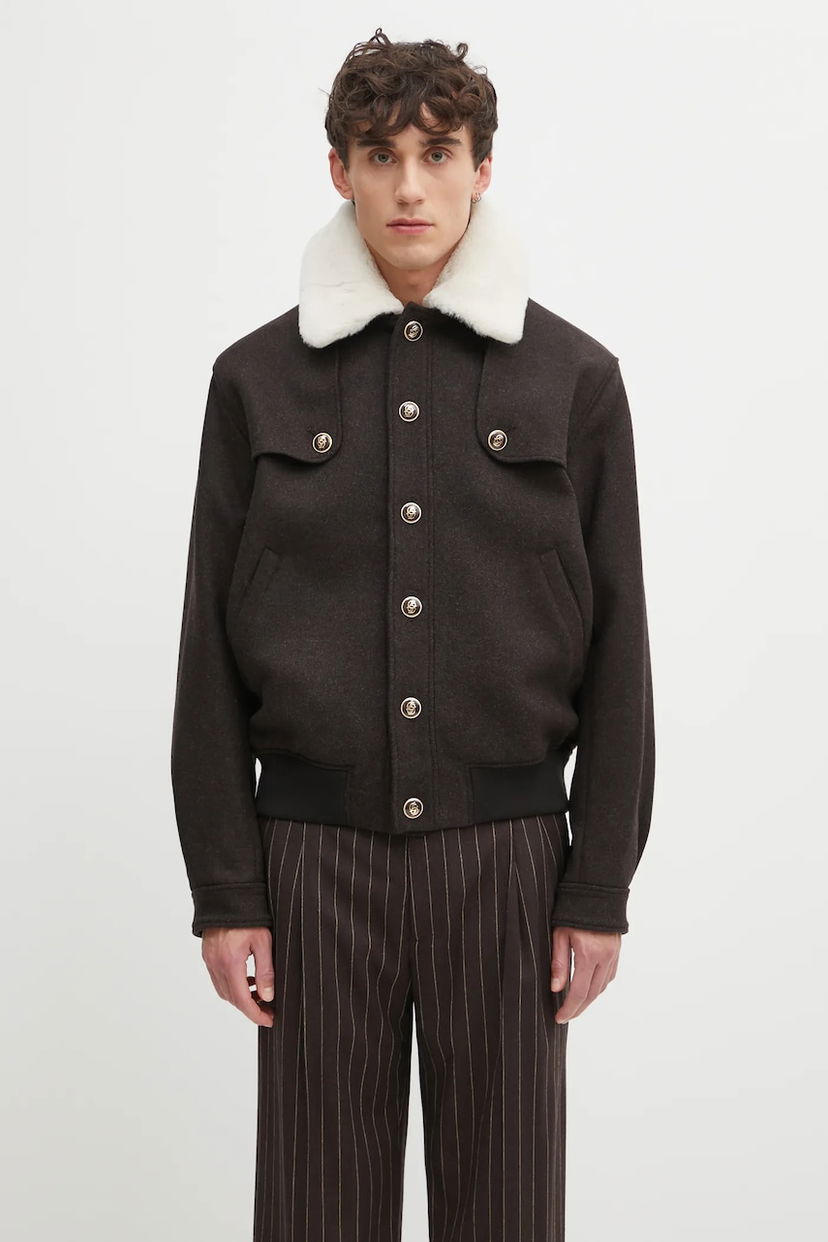 Куртка бомбер Drôle de Monsieur Wool Blend Bomber Jacket with Faux Fur Collar Коричневий | I.JT242.WO043