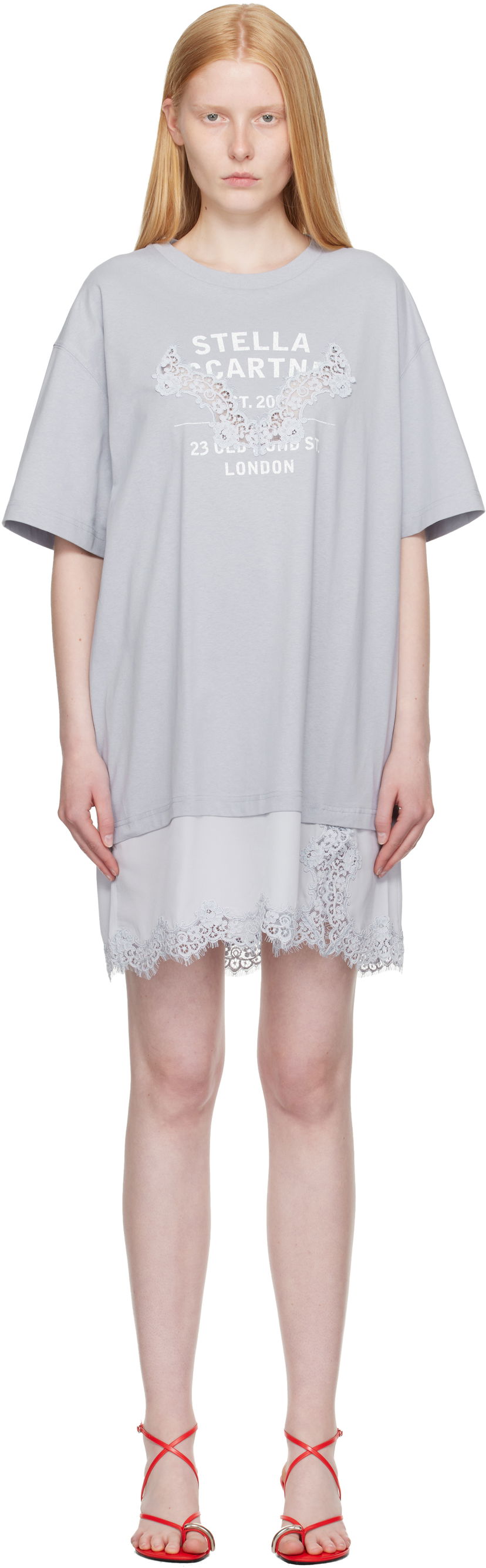 плаття Stella McCartney Stella McCartney Lace-Insert Graphic T-Shirt Minidress Сірий | 6J04063SPZ99