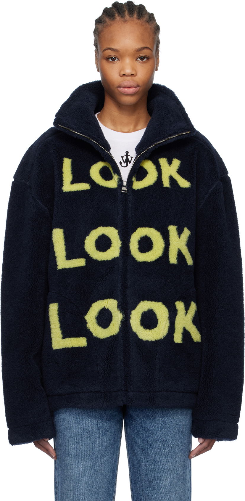 Куртка бомбер JW Anderson JW Anderson 'Look Look Look' Fleece Zip-Up Jacket темно-синій | JK0375-PG1711