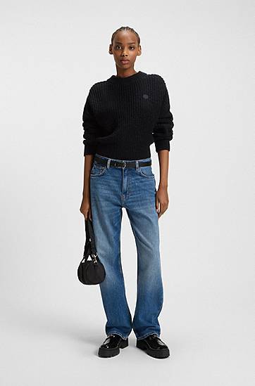 Cветр BOSS Relaxed-fit knitted sweater with Happy HUGO badge чорний | 50548138, 1