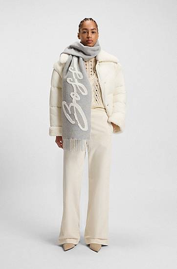 Шарф BOSS Wool-blend Scarf with Script Logo and Fringes Сірий | 50558654, 1