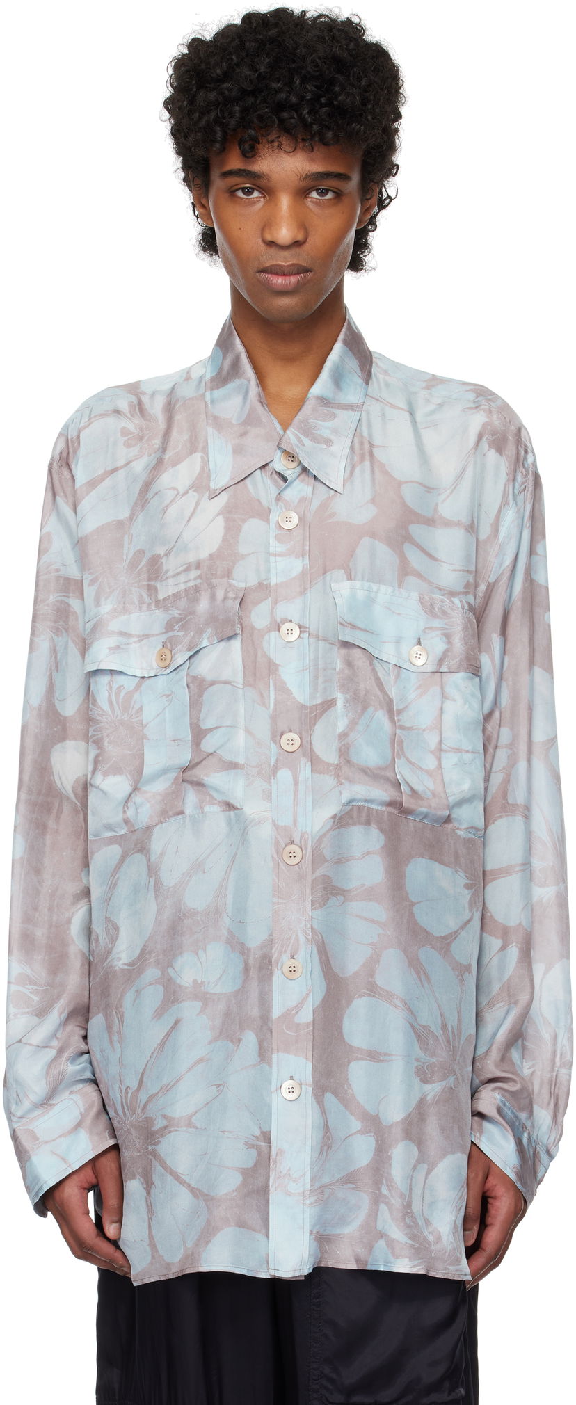 Сорочка Dries Van Noten Dries Van Noten Silk Floral-Print Shirt Синій | 251-020721-1202