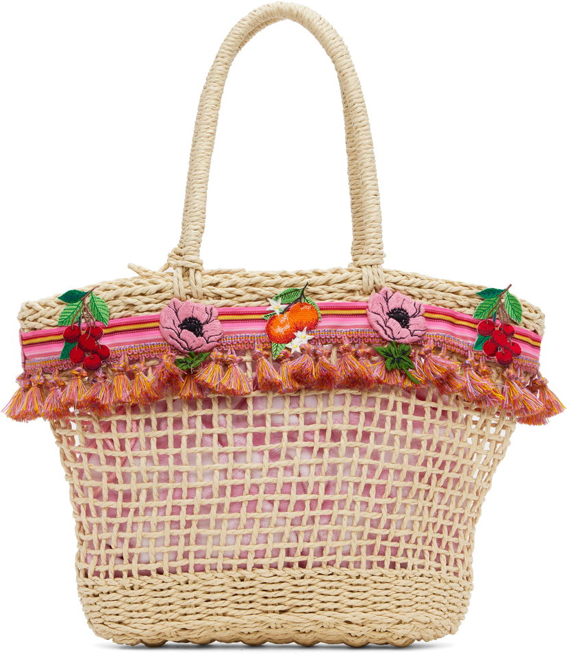 сумка-тоут Anna Sui Anna Sui Raffia Tassel Tote Bag with Fruit Embroidery бежевий | 225A92