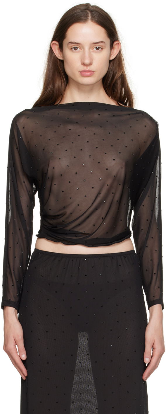 Кроп-топи Anna Sui Anna Sui Rhinestone Mesh Long Sleeve Top чорний | 1024F22