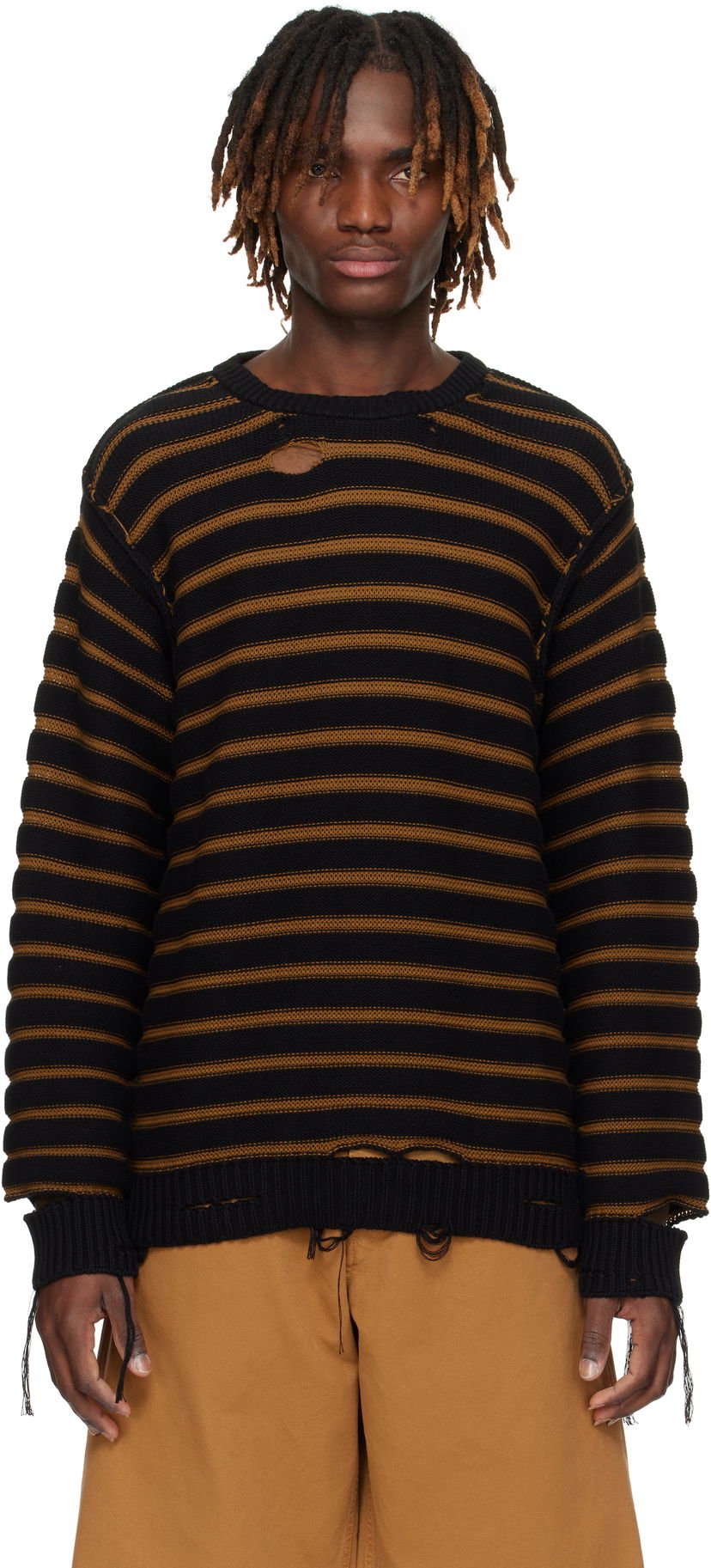 Cветр Maison Margiela MM6 Maison Margiela Striped Distressed Cotton Knit Sweater чорний | SH0HL0022 M13080