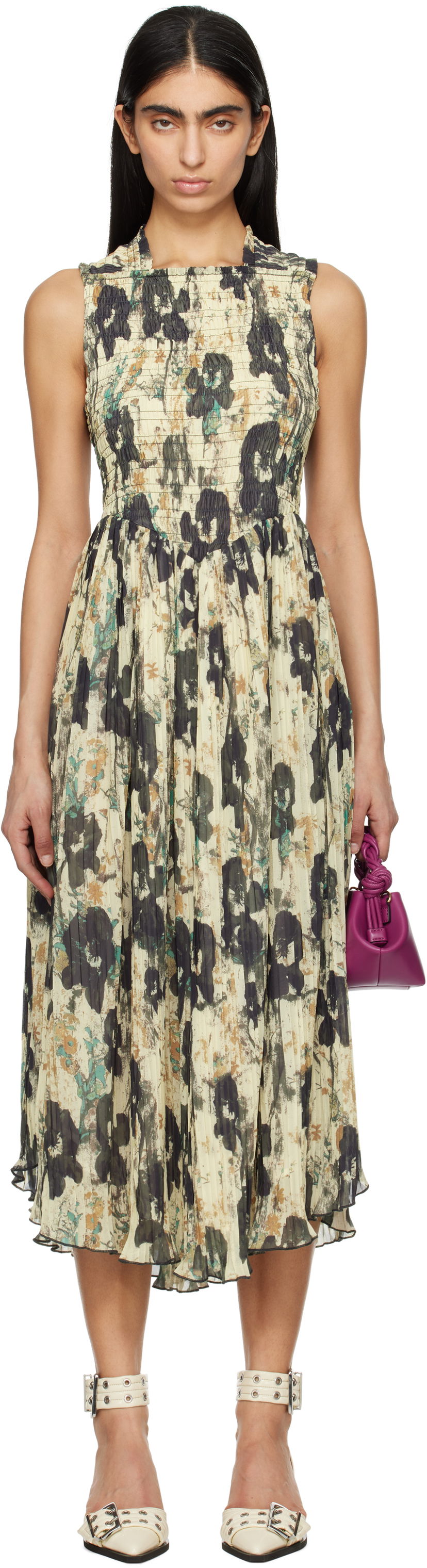 плаття GANNI GANNI Printed Smocked Pleated Midi Dress бежевий | W0209