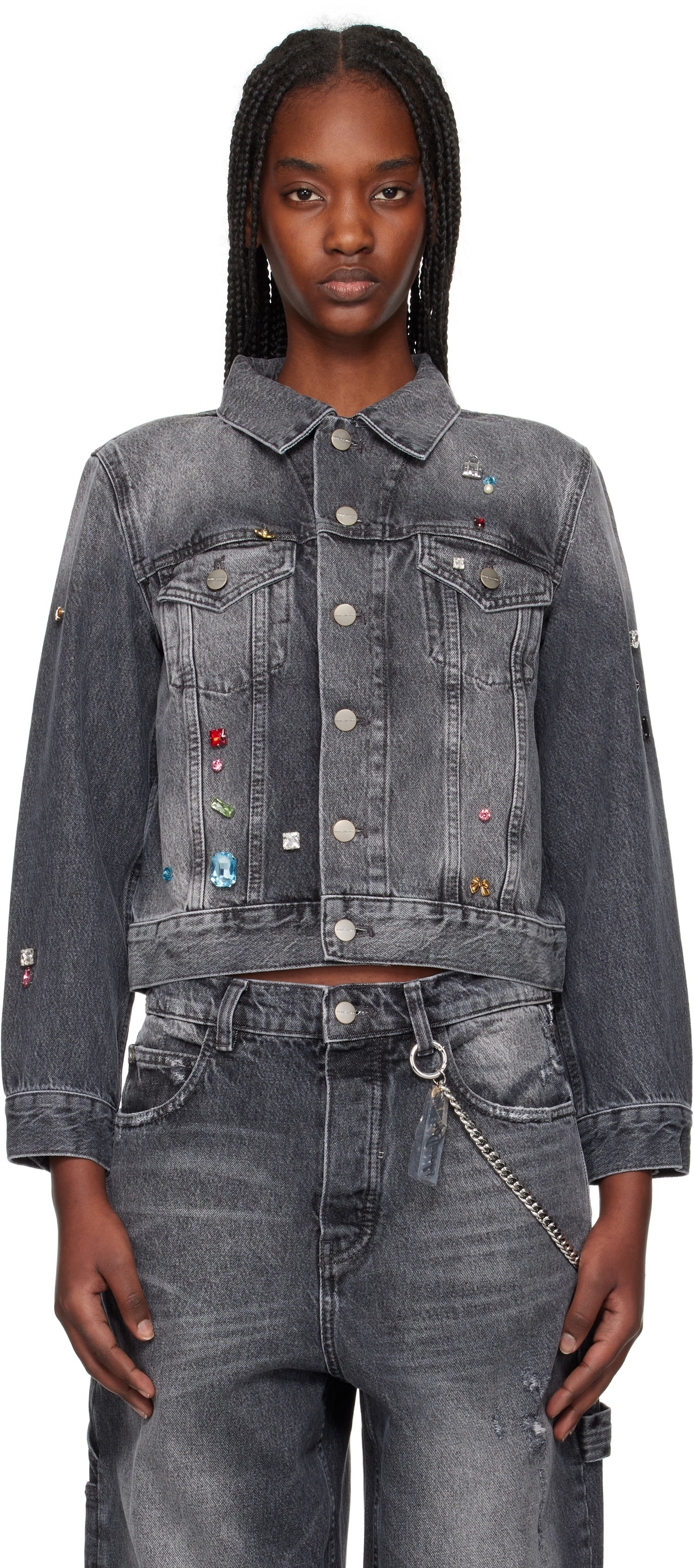 Куртка Marc Jacobs Marc Jacobs Fray Charm Shrunken Trucker Denim Jacket with Rhinestones Сірий | 2S5RJC015D02, 0