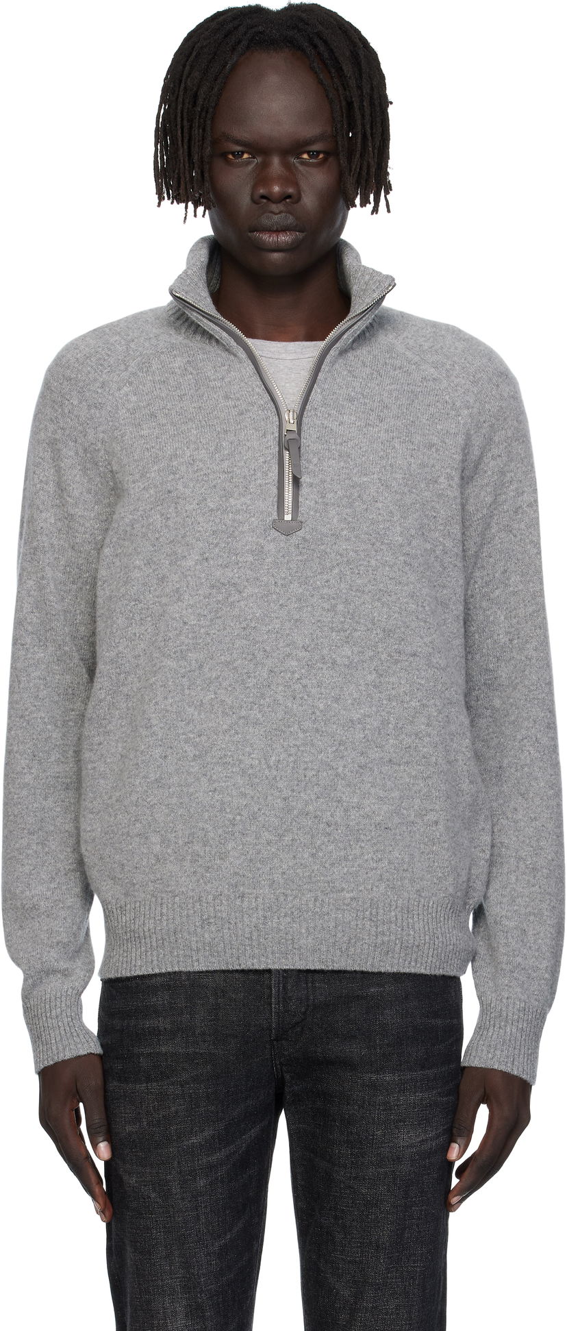 Cветр Tom Ford TOM FORD Lambswool & Cashmere Half-Zip Sweater Сірий | KFL004-YMW106