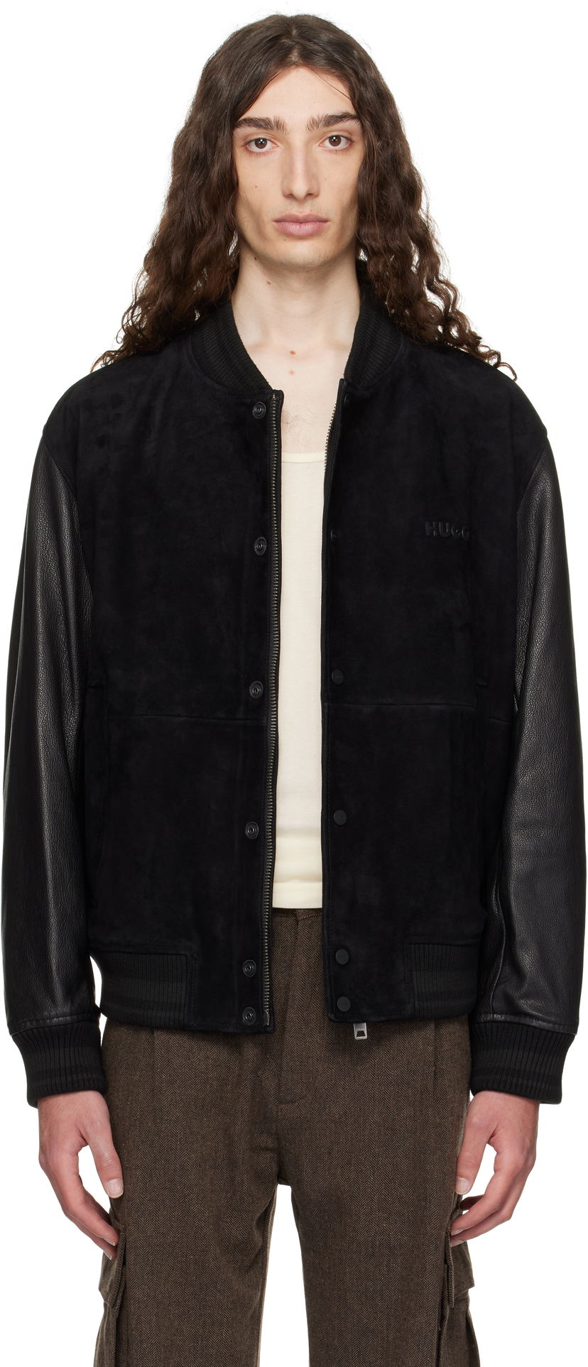 Куртка бомбер BOSS Hugo Embossed-Logo Suede & Leather Bomber Jacket чорний | 50541881