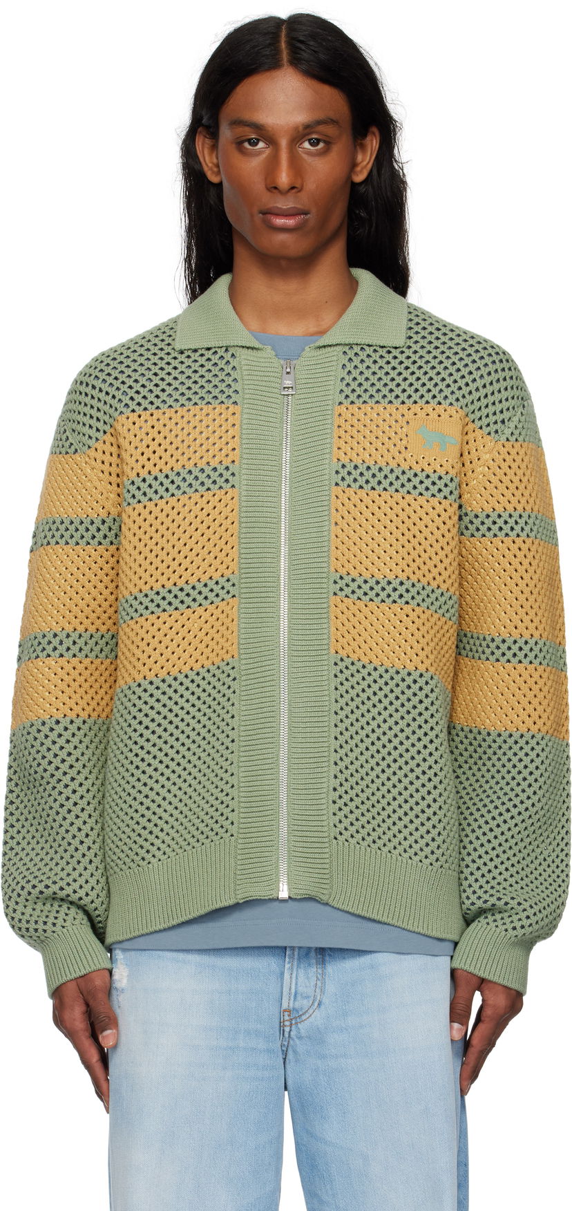 Куртка MAISON KITSUNÉ Maison Kitsuné Striped Mesh Blouson Jacket Зелений | OM02136KT1125
