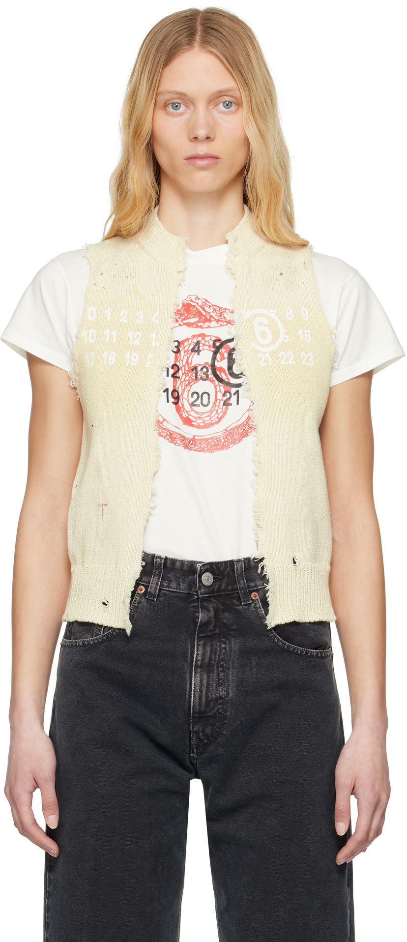Cветр Maison Margiela MM6 Maison Margiela Open Cut Printed Vest бежевий | S62FB0075 M13123