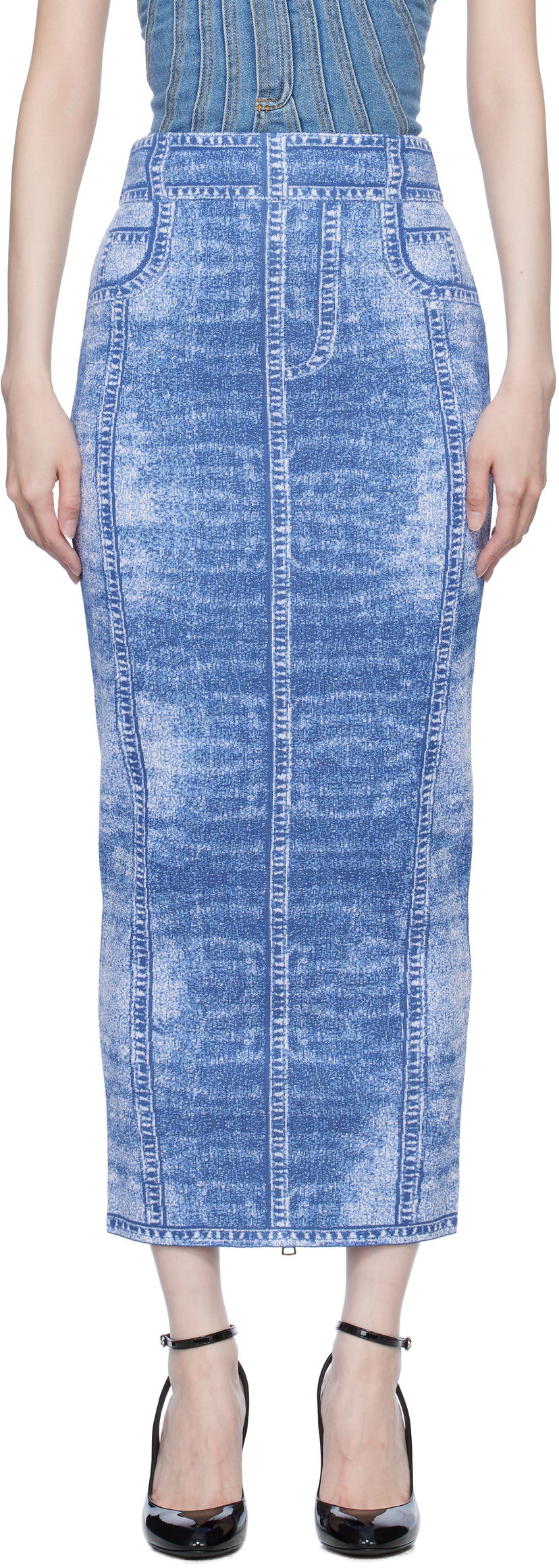 Спідниця Balmain Denim Effect Knit Midi Skirt Синій | EF1LD475KH80