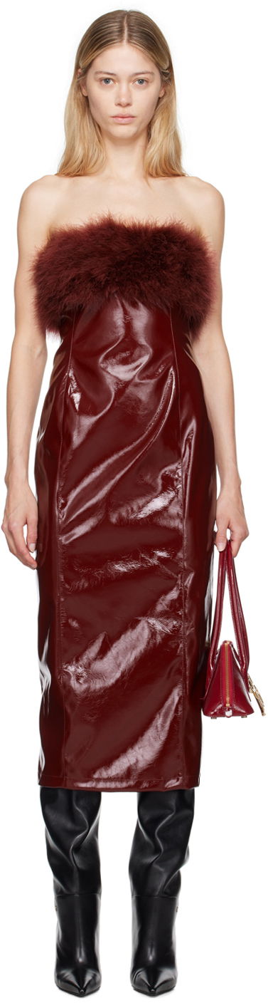 плаття Blumarine Feather Trim Faux-Leather Midi Dress Бордовий | A422A481A