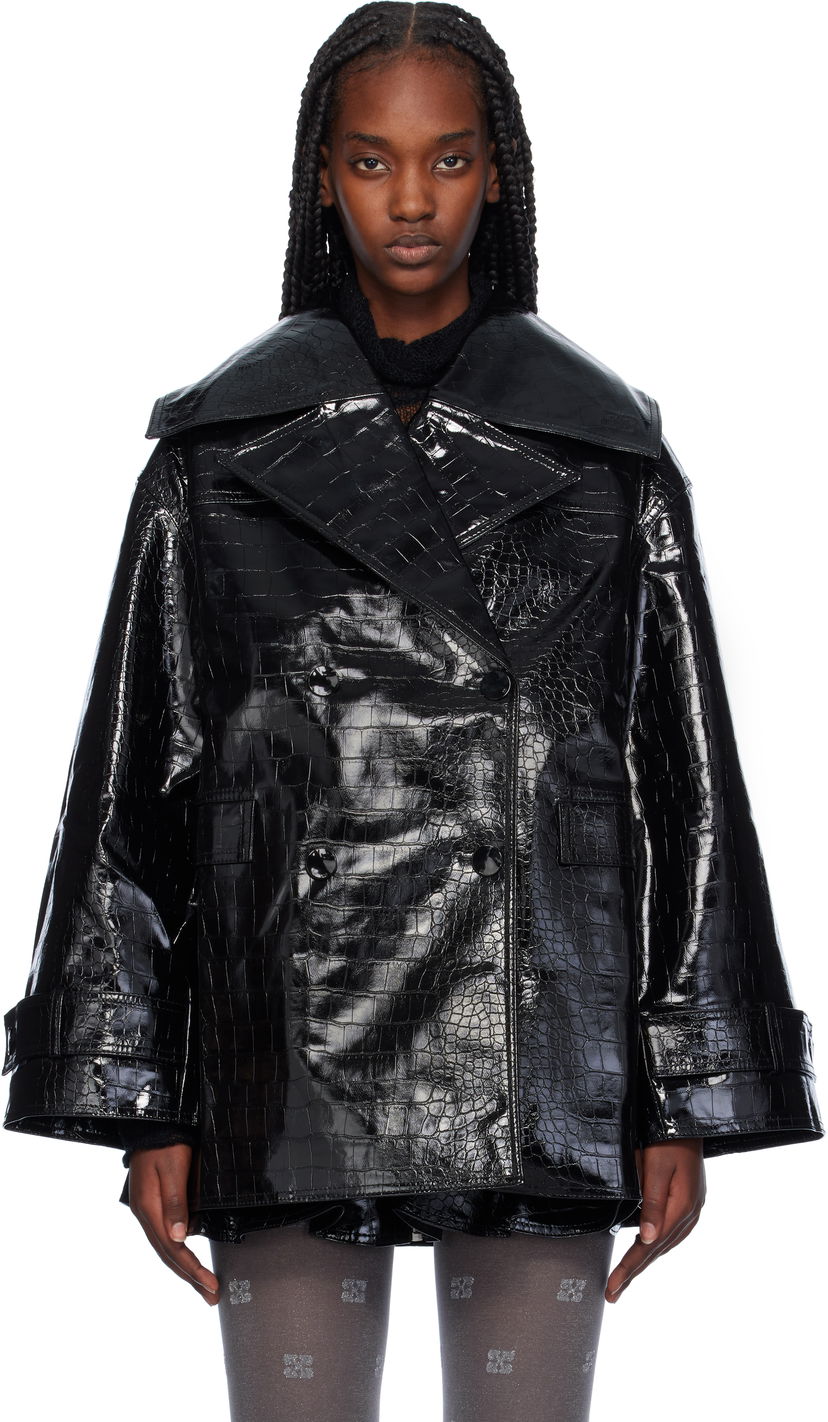Тренчкот GANNI Croc-Embossed Faux-Leather Blazer чорний | F9463