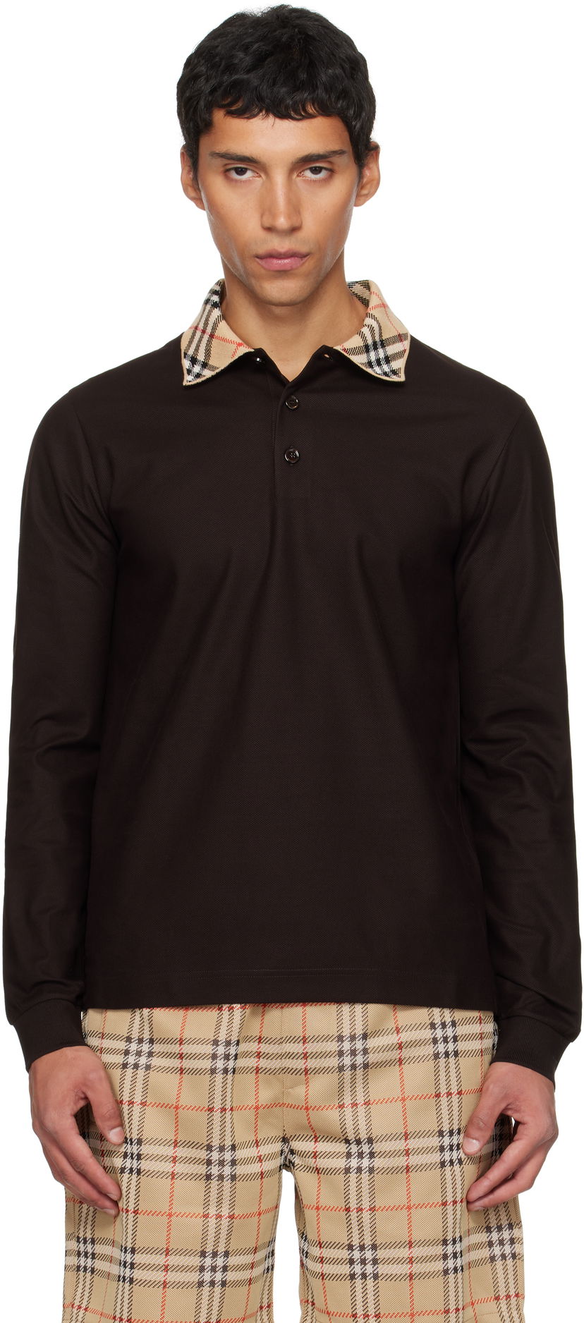 Сорочка поло Burberry Burberry Long Sleeve Polo with Check Collar Коричневий | 8116012