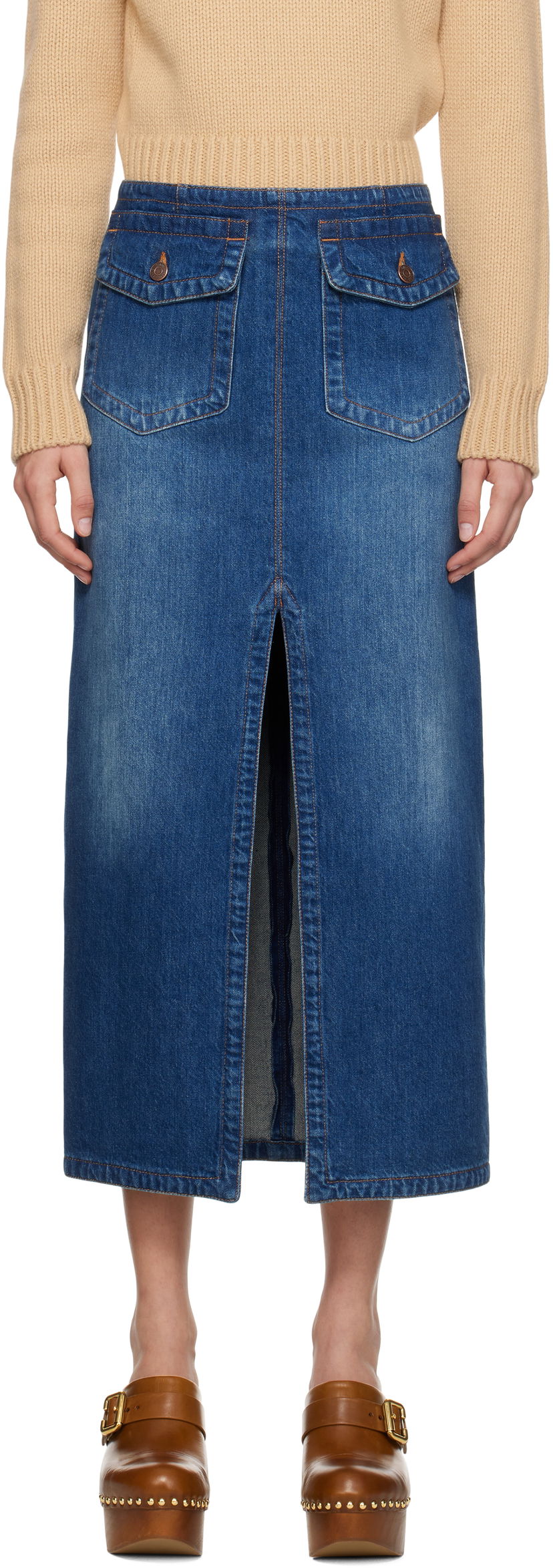 Спідниця CHLOÉ Front-Slit Denim Midi Skirt Синій | CH24WDJ01150