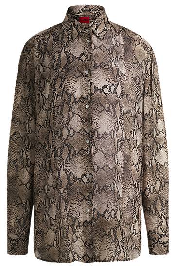 Сорочка BOSS Oversized Python-Print Crepe de Chine Blouse Коричневий | 50539779