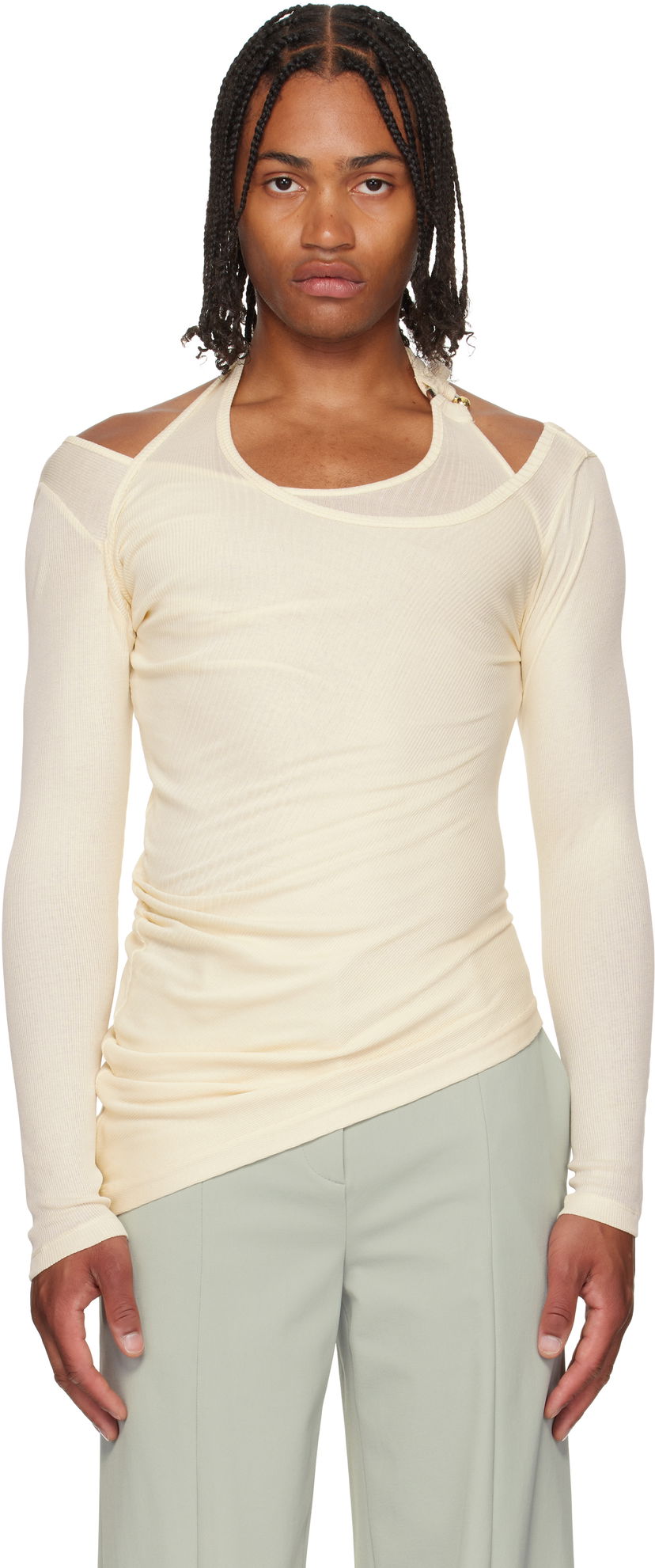 Футболка Jean Paul Gaultier Jean Paul Gaultier 'Gaultier' Piercing Detail Long Sleeve Top бежевий | 25/03-W-TO287-J000-03