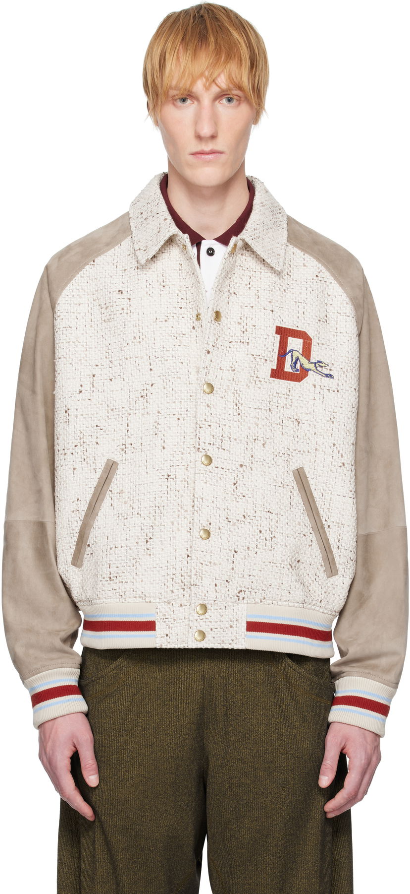 Куртка бомбер Drôle de Monsieur Drôle De Monsieur 'Le Bomber Tweed' Leather Bomber Jacket бежевий | G-JT220-CO181-EC