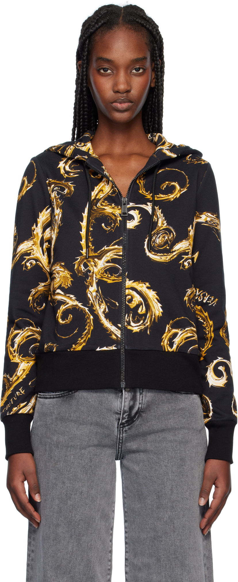 Світшоти Versace Baroque Print Zip Hoodie чорний | E77HAI306_EFS171