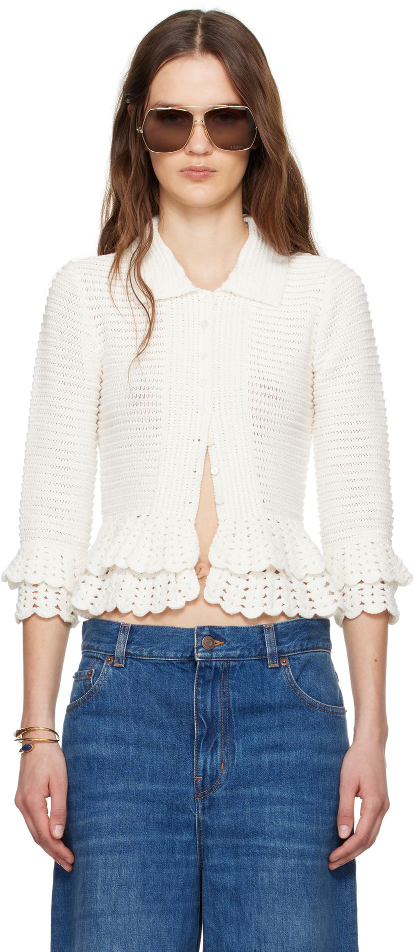 Cветр CHLOÉ Chloé Fitted Ruffled Cropped Cardigan білий | CH25UMP05545