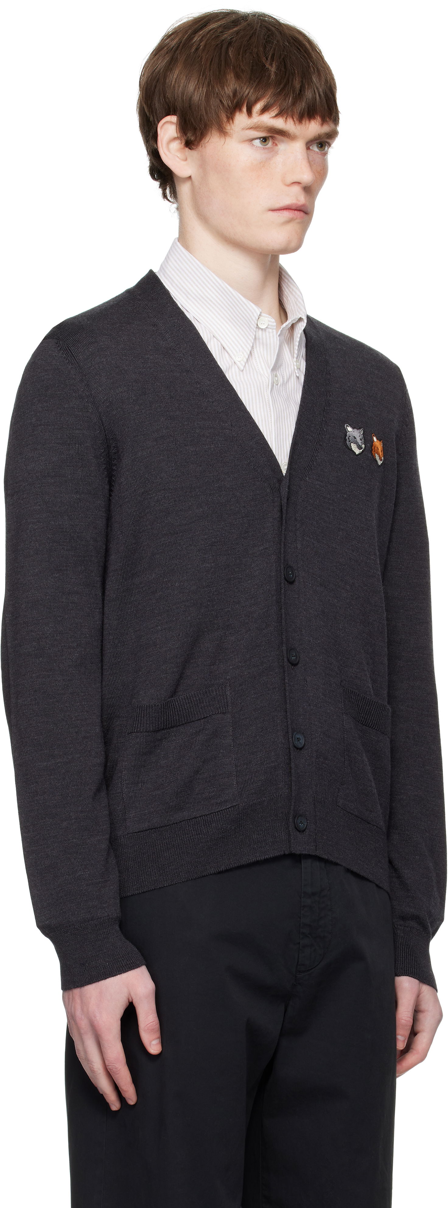 Cветр MAISON KITSUNÉ Double Bold Fox Head Patch Regular Cardigan Сірий | OM051CFKT1036, 1
