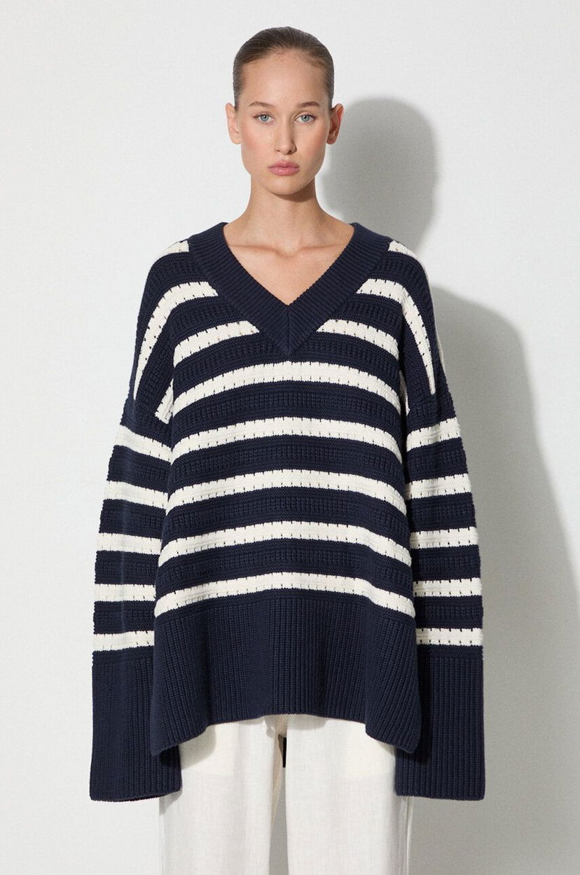 Cветр Samsoe Samsoe Samsoe Samsoe Striped V-Neck Sweater темно-синій | F23300195
