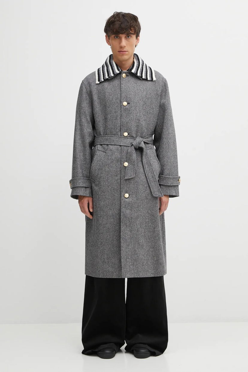 Пальто Drôle de Monsieur Le Manteau Tweed Belted Coat with Striped Collar Сірий | I.CT147.WV014