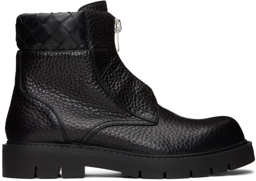 Кросівки та взуття Bottega Veneta Haddock Textured Leather Front-Zip Woven Collar Ankle Boots чорний | 796449 V4EP0 1000